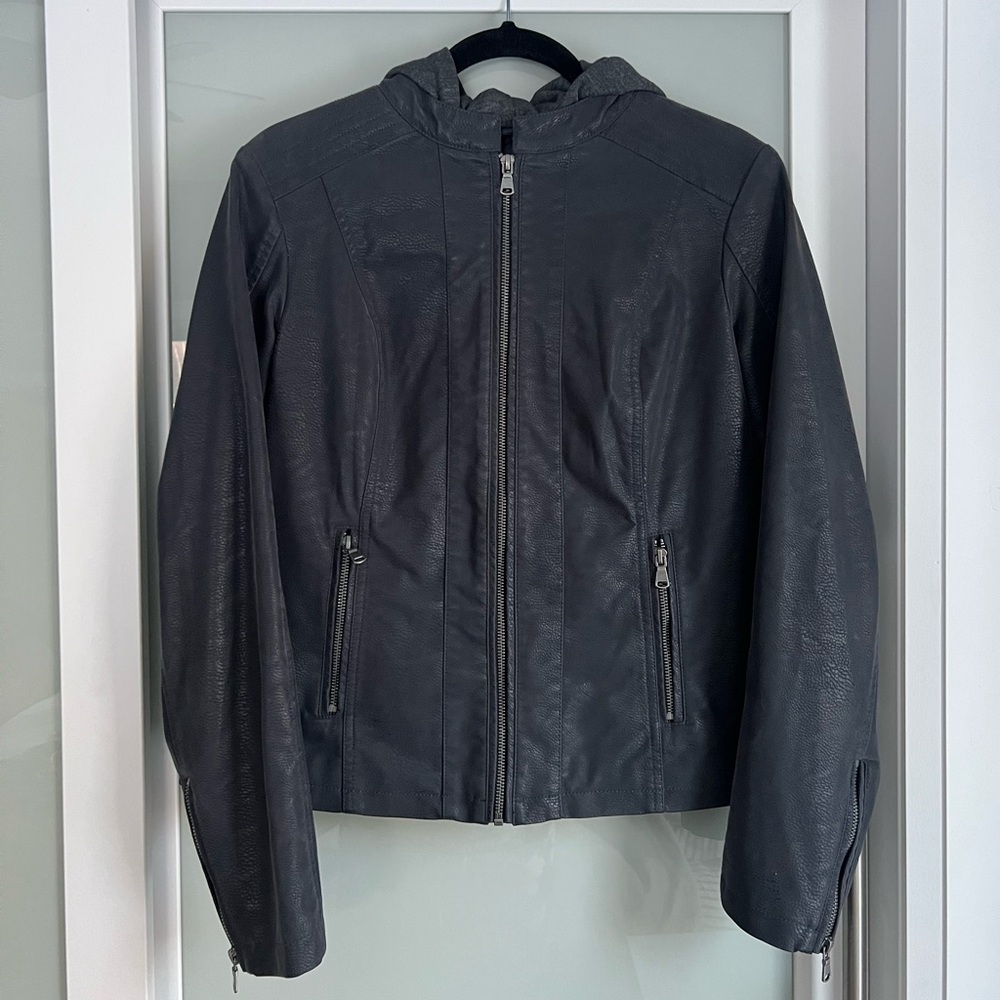 Kismet Grey Hooded Faux Leather Jacket